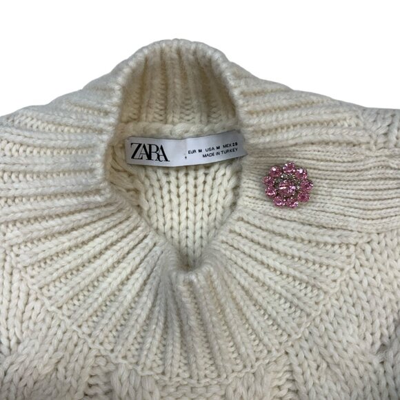 Zara Cable Knit Rhinestone Sweater M Ecru Mock Neck Oversized - Picture 5 of 14